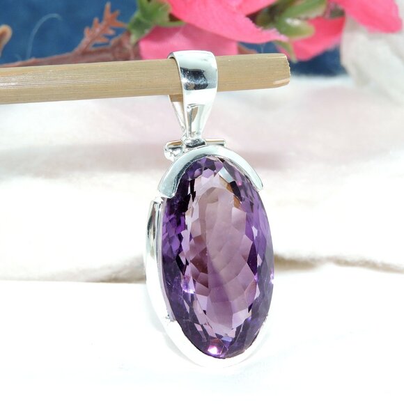 Amethyst Gemstone Pendant, 925 Sterling Silver, Purple Oval Cut Pendant, - Picture 1 of 5